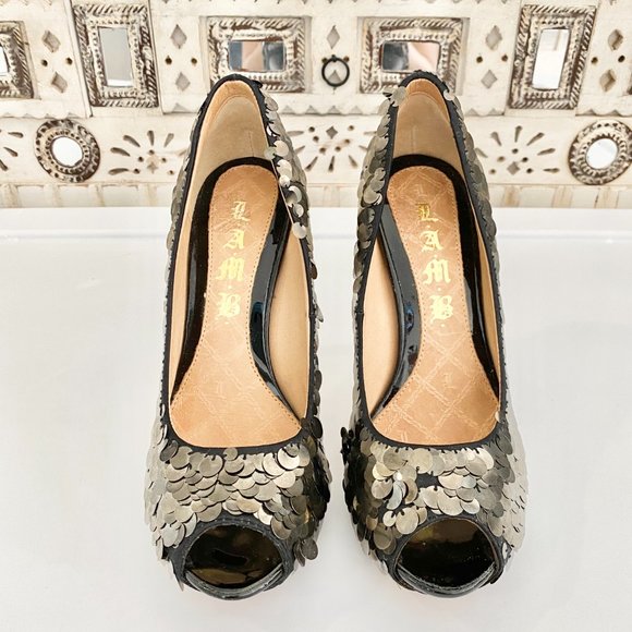 NWT L.A.M.B. Paillette Peep Toe Stilettos Sz 7M - Picture 2 of 12